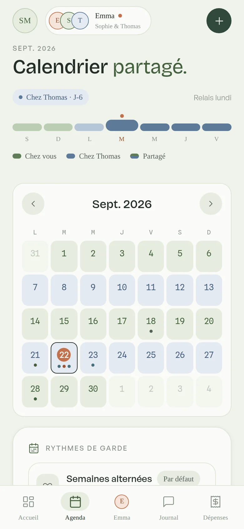Le calendrier partagé de MyGardeo, avec les jours colorés selon le parent qui a la garde