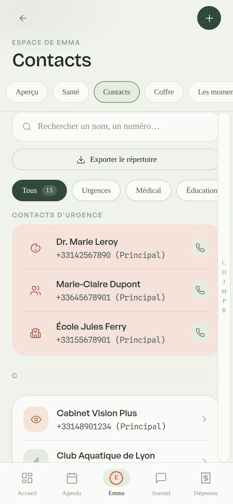 L'annuaire des contacts d'Emma : pédiatre, école, nounou, avec les numéros d'urgence en tête