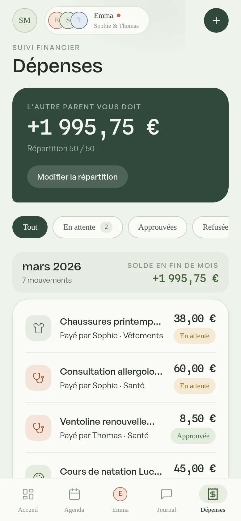 Le suivi des dépenses : le solde entre parents, la répartition et la liste des frais avec leur statut