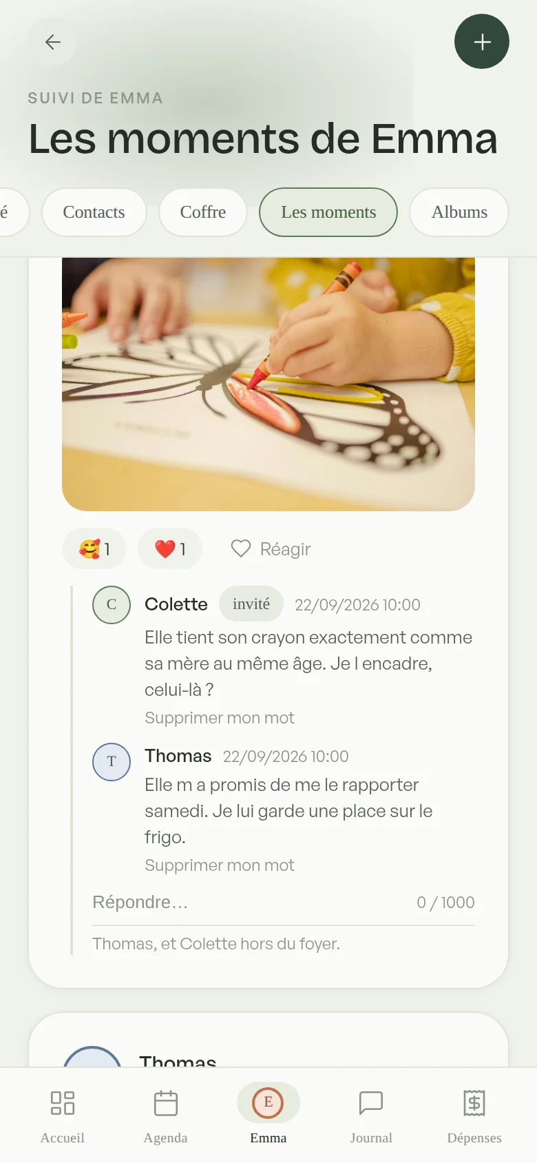 Les moments d'Emma : un fil de photos et de petits mots partagés entre les deux foyers
