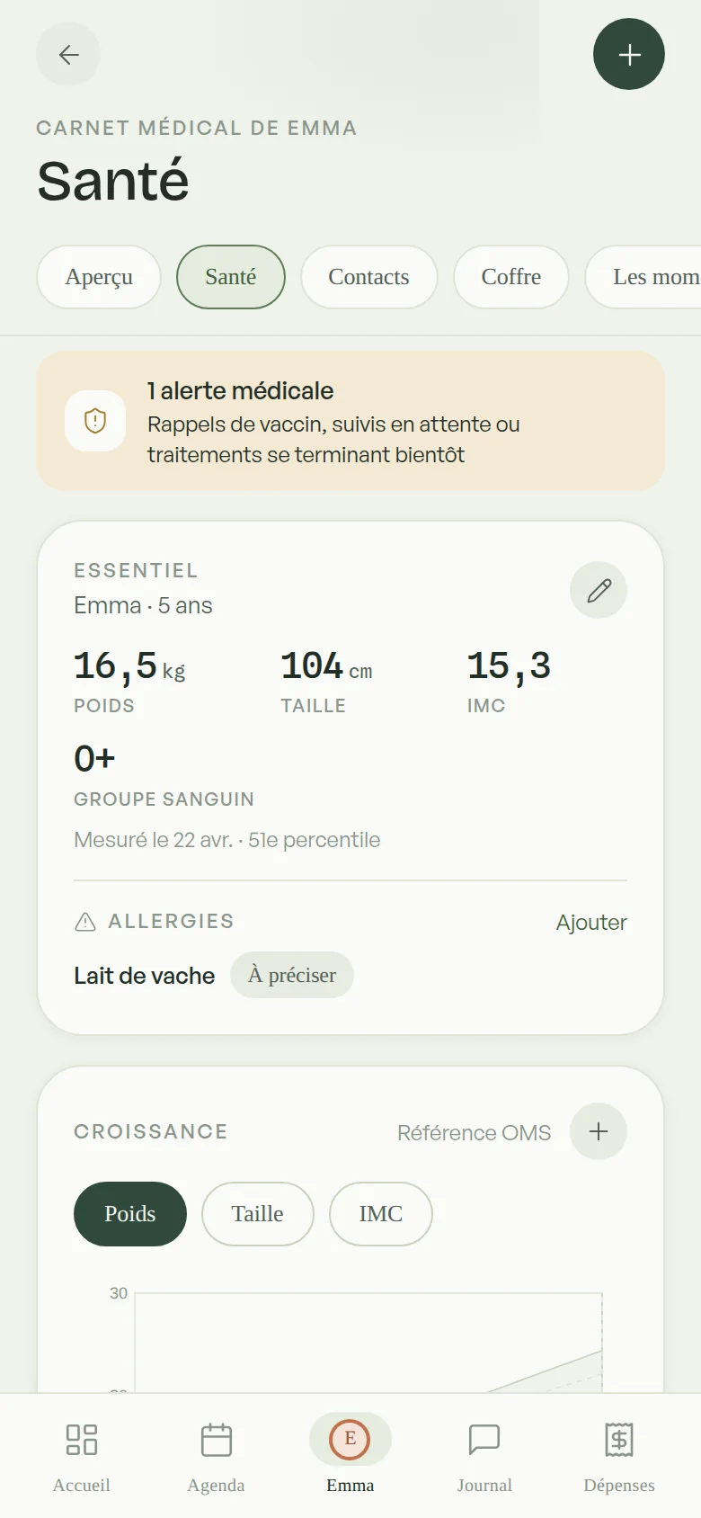 Le carnet de santé : alerte médicale, mesures, groupe sanguin, allergies et courbe de croissance